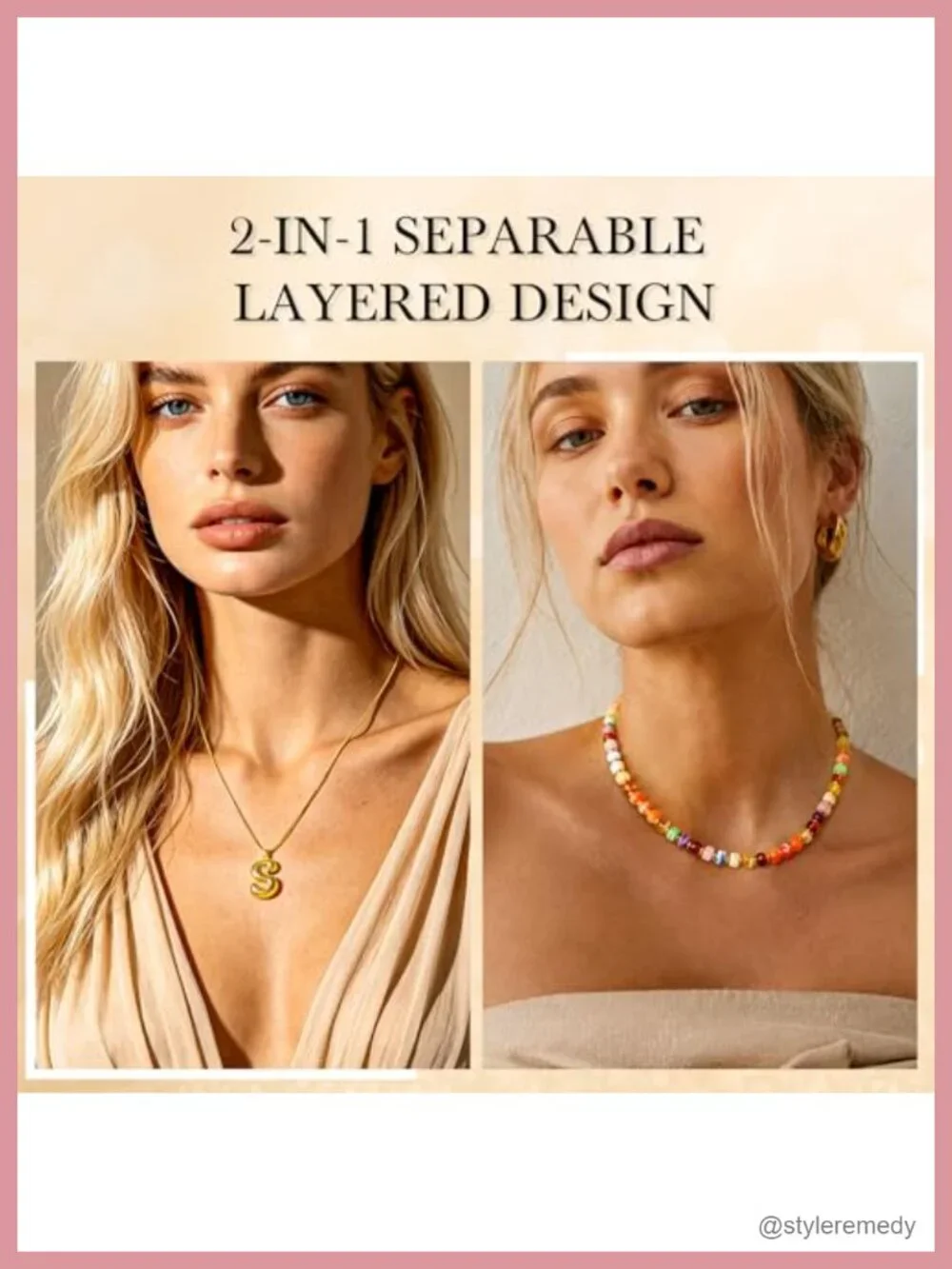 2-in-1 Layered Initial Choker with Beaded Necklace, Gold Plated Bubble Letter